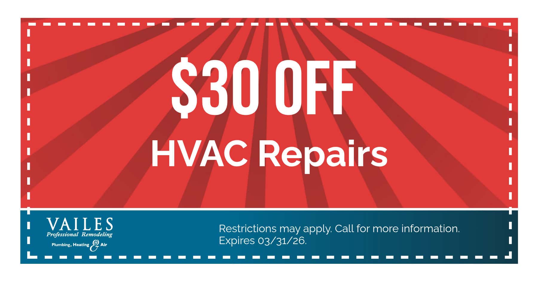 Vailes heating and cooling discount for $30 off HVAC repairs. Call 540-942-0198 for full details. Expires 03/31/26.